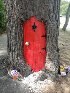 a red door in the side of a tree