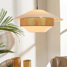 a modern light fixture hanging from the ceiling in a room with potted plants and wicker baskets