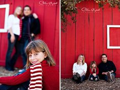 a family poses in front of a red barn for their christmas card photo session at the farm