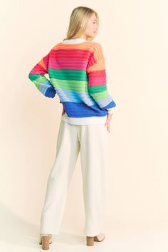 STRIPED TEXTURED KNIT MULTI COLORS BUTTON FRONT SWEATER CARDIGAN 100%POLYESTER Model is wearing Small Height: 5'10" Bust : 34 Waist : 25" Hips : 35" Multicolor Winter Sweater With Ribbed Cuffs, Winter Multicolor Sweater With Ribbed Cuffs, Trendy Multicolor Sweater With Ribbed Cuffs, Multicolor Casual Crew Neck Cardigan, Multicolor Cotton Sweater With Ribbed Cuffs, Casual Multicolor Sweater With Ribbed Cuffs, Casual Color Block Cotton Cardigan, Casual Multicolor Crew Neck Cardigan, Multicolor Long Sleeve Sweater With Ribbed Cuffs