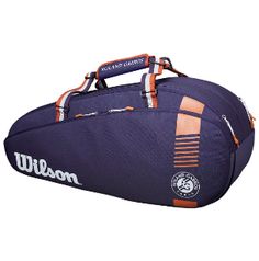 a tennis racket bag is shown with the name wilson in white and orange on it