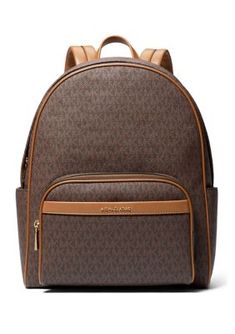 This large backpack from MICHAEL Michael Kors is perfect for travel. | MICHAEL Michael Kors Bex Large Backpack Luxury Coated Canvas Leather Backpack With Zipper, Luxury Coated Canvas Backpack For Travel, Luxury Leather Coated Canvas Backpack For Travel, Luxury Travel Backpack With Leather Trim, Luxury Leather Backpack With Leather Trim For Travel, Luxury Travel Backpack With Luggage Sleeve, Designer Leather Backpack For Travel, Luxury Leather Backpack For Travel, Luxury Coated Canvas Backpack For On-the-go