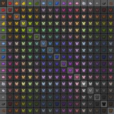 an array of different colors and shapes on a black background