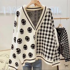 Cute And Happy Sweater Cardigan! Super Stylish And Chic Loose Fit Style For The Look! Trendy White V-neck Sweater For Winter, Cute Black Long Sleeve Cardigan, Cute White V-neck Outerwear, Black Long Sleeve Cute Cardigan, Trendy White V-neck Cardigan, Cute Black Cardigan For Fall, Oversized Sweater Coat, Loose Knitwear, Top Kimono