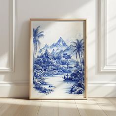 a blue and white painting on the wall next to a wooden floor