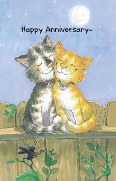 two cats sitting on top of a wooden fence with the caption, happy anniversary