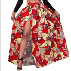 Brand New/Nwot Africa Fashion Pattern Red & Yellow Floral Printed High Split Maxi Skirt Side Pockets Approx 13” Across Waist (Unstretched) & 42” Long Dashiki Skirt, Vintage Maxi Skirt, African Print Clothing, Textured Skirt, African Print Dresses, African Print Fashion Dresses, Floral Maxi Skirt, Fashion Now, African Style