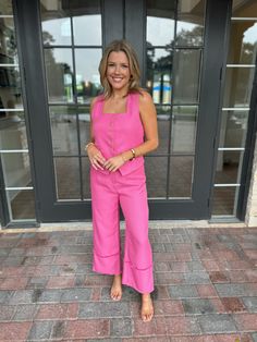 Adorable pink high waisted wide leg pants with a hidden zipper and clasp. Model is 5'4" with a 28" waist, 34" bust, and 35" hips wearing a small. Pink High-waisted Wide Leg Summer Pants, Summer Pink Wide Leg Pants, Pink Straight Leg Pantsuit For Spring, Pink Wide Leg Pants For Summer, Pink High Waist Wide Leg Pants For Summer, Pink High-waisted Wide Leg Pants For Day Out, High Waist Pink Wide Leg Pants For Summer, Pink High-waisted Pantsuit For Work, Pink High Waist Pantsuit For Work