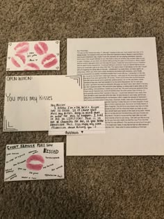 several pieces of paper with pink lips on them and some words written in black ink