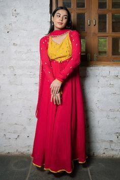 Fuchsia pink anarkali with a contrast yellow yoke, sequin, zari, thread embroidery and tasseled tie-up details. Paired with a churidar and dupatta with sequin, zari, nakshi cutwork border. - Aza Fashions Anarkali Churidar, Pink Anarkali, Thread Embroidery, Churidar, Fuchsia Pink, Pants Pattern, Cut Work, Embroidered Silk, Set For Women