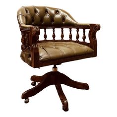 an old fashioned desk chair with leather upholstered seat and casteors on wheels