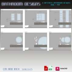 the bathroom design process is shown in blue and gray colors, with instructions for each section