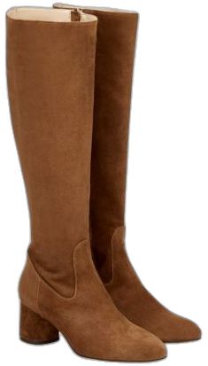 Elegant Cognac Almond Toe Boots, Elegant Cognac Boots With Almond Toe, Elegant Formal Cognac Boots, Elegant Cognac Boots For Formal Occasions, Elegant Cognac Boots For Fall, Elegant Cognac Calf Leather Boots, Elegant Brown Boots With Suede Lining, Elegant Brown Evening Boots, Heel Boots