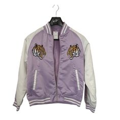 Women's Purple And White Varsity Jacket - New Purchased In Japan Embroidered Tigers On Front And Back Size M Two Front Pockets, One Inside Left Chest Pocket Full Zip Spring Embroidered Cotton Varsity Jacket, White Embroidered Varsity Jacket For Spring, Trendy White Varsity Jacket For Spring, Embroidered Long Sleeve Varsity Jacket For Spring, Spring Embroidered Varsity Jacket With Long Sleeves, Spring Embroidered Long Sleeve Varsity Jacket, White Varsity Jacket, Adidas Jacket Women, Grey Tracksuit