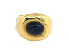 The hand hammered 22k gold ring, flush-set with a oval cabochon sapphire. Indistinct “JM” hallmark for Jean Mahie. 22k Gold Ring, Gold Jeans, Extraordinary Jewelry, Jewelry Staples, Creative Genius, Gold For Sale, Jewellery Marketing, Vintage Diamond Rings, Van Cleef Arpels