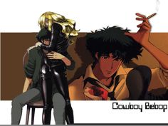 two people sitting next to each other in front of a wall with the words cowboy bebop on it