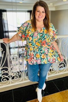 This graceful blouse is a flattering fit for plus size women Feminine ruffled short sleeves add a touch of elegance Vibrant floral print for a pop of color to this plus size blouse Lightweight fabric for a soft comfortable wear Size Chart (CM) Sizes Bust Sleeve_Length Length Hem_Width Relax Relax Relax Relax 1X 116 32.5 71 195 2X 124 33.8 73 207 3X 132 35.1 75 219 Elasticity High Size Chart (INCH) Sizes Bust Sleeve_Length Length Hem_Width Relax Relax Relax Relax 1X 45.7 12.8 28.0 76.8 2X 48.8 13 Plus Size Blouse, Stretchy Tops, Graphic Apparel, Ruffle Shorts, Loungewear Set, Plus Size Blouses, Boho Tops, Floral Blouse, Hoodie Dress