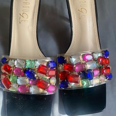 New Never Worn Without Box 4 Inch Heel Multicolor Block Heel Sandals For Party, Multicolor Synthetic Sandals For Evening, Multicolor Open Toe Sandals For Party, Trendy Multicolor Evening Sandals, Evening Multicolor Synthetic Sandals, Multicolor Open Heel Sandals For Party, Chic Multicolor Sandals For Party, Multicolor Closed Toe Evening Sandals, Multicolor Flat Sandals For Parties