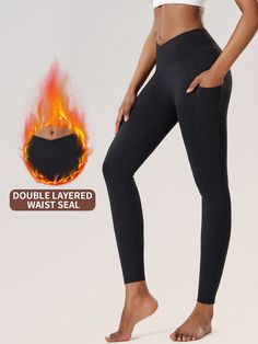 Women's Plush Sports Leggings, Plush Leggings With Pockets, Black Plush Yoga Pants, Buttery Soft, Cross Waist, Solid Color Skinny Yoga Pants With Pockets, Suitable For Indoor And Outdoor Wear, Running, Sports, Warm Lining, High Waist Elastic Tights, Quick Dry Black    Knitted Fabric Colorblock,Plain Regular High Stretch All Women Activewear, size features are:Bust: ,Length: ,Sleeve Length: Yoga Pants With Pockets, Sport Leggings, Legging Sport, Loose Knit Sweaters, Bandana Hairstyles, Shorts Casual, Outdoor Wear, Outdoor Woman, Sports Leggings