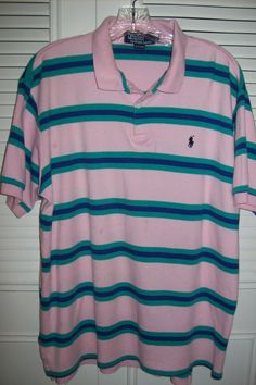 "Polo Ralph Lauren vintage polo shirt. Perfectly perfect. Pink, turquoise, navy, striped spring finds. The bust or chest measures 46\", 28\" in length. Tagged an XL and ithey are. Comes from a smoke-free home. Apparently never worn" Spring Striped Polo Shirt, Green Polo Shirt With Striped Collar And Short Sleeves, Green Short Sleeve Polo Shirt With Striped Collar, Striped Shirt With Polo Collar For Spring, Polo Ralph Lauren Mens Shirts, Vintage Polo Shirt, Big Sweaters, Smart Dress, Vintage Polo Ralph Lauren