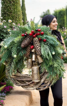 a woman carrying a christmas wreath and bells