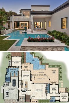 this is an image of a modern house with swimming pool in the front and side