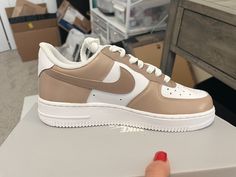 Item Details -Shoes are Nike Air Force 1's that are hand pained with the highest quality paints and sealed with an acrylic sealant. - Color block beige/ tan nike Air force 1 -hand painted three toned, beige color Youth sizes available please just message me and we can make it work! In the personalization box please specify if you would like the Women's or Men's Fit! Nike Air Force 1 Beige, Brown Air Force 1, Air Force 1 Brown, Beige Nike, Sneaker Closet, Custom Nike Air Force 1, Custom Nike Air Force, Painted Nikes, Nike Shoes Air Force