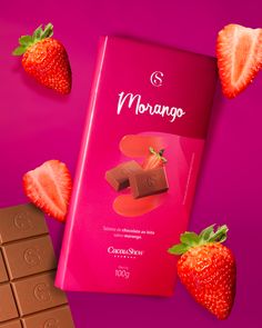 chocolate bar with strawberries on purple background