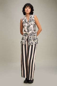 Off-white top with floral print and cuban collared neckline. Paired with stripe print pant. - Aza Fashions Summer Workwear Sets With Lapel Collar, Summer Viscose Workwear Sets, Summer Workwear Sets In Viscose, Summer Workwear Viscose Sets, Print Pant, Pant Set For Women, Top And Pants Set, Pant Set, Printed Pants