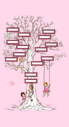 a family tree with two children swinging on the branches and four people hanging from it