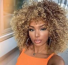 14 Inch Dark Brown Synthetic Wig For Women  | eBay Blonde Afro, Blonde Curly Wig, Curly Afro Wig, Mekap Mata, Highlights Curly Hair, Blonde Curly Hair, Afro Wigs, Curly Afro, Brown To Blonde