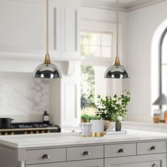 a kitchen with two pendant lights hanging over the island and potted plants on the counter