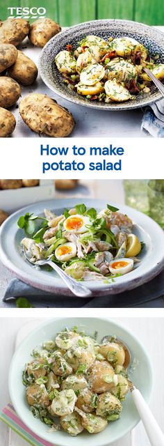 three pictures with different types of potato salads and potatoes on the side, one has an egg in it