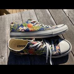 Low Top All Star Chuck Taylor’s With A Beautiful Floral And Pineapple Tropical Print. I Absolutely Love These Shoes. I Bought Them Brand New, And They Were Out Of My Size (6.5-7) And I Convinced Myself That A 6 Would Fit. They Do Not Fit. But I Kept Them For Months Dreaming About Them Fitting. They Are Very Lightly Worn. Open To Offers! Casual Low-top Floral Print Sneakers, Casual Low-top Sneakers With Floral Print, Casual Floral Print Low-top Sneakers, Converse Casual Summer Sneakers, Converse Casual Sneakers For Summer, Summer Casual Converse Sneakers, Casual Converse Sneakers For Summer, Converse Dainty, Sparkle Converse