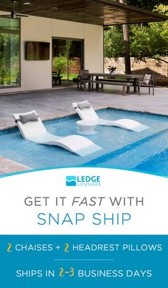 a pool with chaise lounges next to it and the words get it fast with snap ship