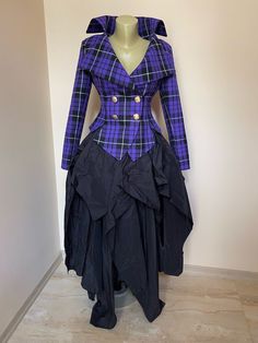 "This is a very stylish and elegant purple plaid  jacket . Leght  58cm - at back. Fully lined. A jacket especially made to turn heads and give you that wow factor :) SIZE CHART SIZE S - US 6, UK 8, EU 36 bust: bust around 34.5\"/90cm Waist: waist around 27.5\"/70cm Hips: hips around 34.5\"/90cm SIZE M - US 8, UK 10, EU 38 bust: bust around 37.5\"/95cm Waist: waist around 29.5\"/75cm Hips: hips around 37.5\"/95cm SIZE L - US 10, UK 12, EU 40 bust: bust around 39.5\"/100cm Waist: waist around 31.5 Purple Fitted Outerwear For Costume Party, Gothic Long Sleeve Blazer For Costume Party, Costume Blazer With Buttons And Long Sleeves, Fitted Gothic Blazer For Fall, Fitted Double-breasted Purple Blazer, Fitted Purple Double-breasted Blazer, Gothic Fitted Long Sleeve Blazer, Fitted Purple Blazer With Buttons, Tailored Costume Blazer