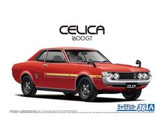 an old red car with yellow stripes on it's hood and the words celica 18000gt