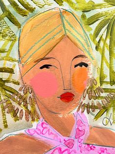 a painting of a woman with blonde hair and pink dress in front of palm trees