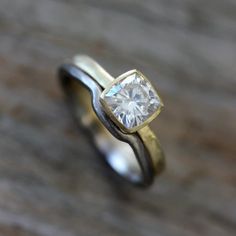 A handmade Moissanite Engagement Ring and Wedding Band Set with a cushion cut diamond by Cassin Jewelry. Low Profile Wedding Ring, Wrap Wedding Band, Ring And Wedding Band Set, Fruit Recipe, Wedding Ring Shapes, Engagement Ring And Wedding Band, Bezel Set Engagement Ring, Wedding Diamond, Cool Wedding Rings