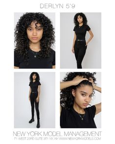 a woman with curly hair is posing for the camera and wearing all black, while she has her hands on her head