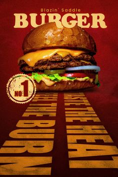 a hamburger with cheese and lettuce on it is in front of a red background