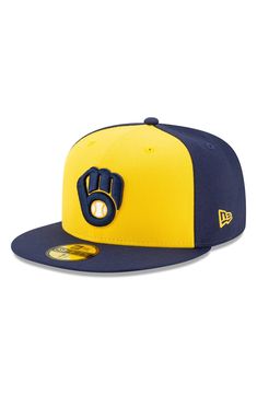 Get ready for the next big Milwaukee Brewers game when you grab this Authentic Collection On-Field 59FIFTY Fitted Hat. This New Era cap is great for a major fan like you who never misses a game. The stunning graphics and colors will help you perfect your game day look, especially when paired with your favorite Milwaukee Brewers jersey. Material: 100% Polyester High Crown Structured fit Flat bill Fitted Raised embroidered graphics Six panel construction with eyelets Officially licensed Imported B Yellow Sports Hat With Curved Brim, Yellow Cap For Sports Events, Yellow Snapback Hat For Sports Events, Yellow Flat Bill Hat For Sports Events, Yellow Curved Brim Sports Hat, Adjustable Yellow Sports Hat, Yellow Snapback Baseball Cap For Sports Events, Yellow Curved Brim Baseball Cap For Sports, Yellow Baseball Season Cap