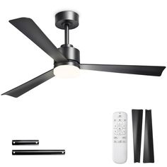 a ceiling fan with remote control and accessories for the light on it's side