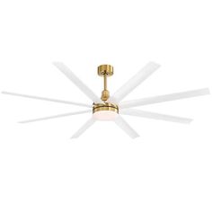 a ceiling fan with white blades and a light on the top of it's head