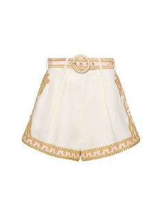 Find ZIMMERMANN Waverly Linen Embroidered Tuck Shorts on Editorialist. Concealed closure. Includes adjustable buckle belt . Embroidered details. Two front pockets. Model is wearing a size1 Versace Brand, Embroidered Details, Flat Espadrilles, Swim Accessories, Buckle Belt, Shearling Jacket, Cream And Gold, Ski Wear, Swimwear Tops