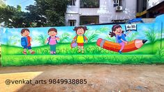 a painting on the side of a building depicts children playing with an orange boat and another child holding a blue backpack