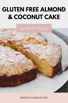 a close up of a cake on a plate with the words gluten free almond and coconut cake