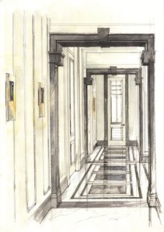 an architectural drawing of a hallway with columns and doors leading to another room in the background