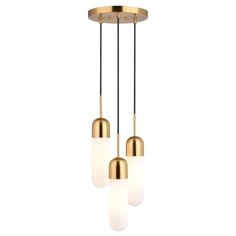 three light brass chandelier with white glass shades