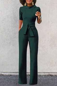 Elegant Stretch Jumpsuits And Rompers In Solid Color, Elegant High Neck Stretch Jumpsuits And Rompers, Solid Color Party Jumpsuits And Rompers With Pockets, Chic Solid Color Jumpsuits And Rompers For Office, Green Stretch Jumpsuits And Rompers For Workwear, Elegant Solid Color Jumpsuits And Rompers For Fall, Elegant Solid Color Fall Jumpsuits And Rompers, Chic Solid Color Jumpsuits For Office, Solid Color Overalls For Fall